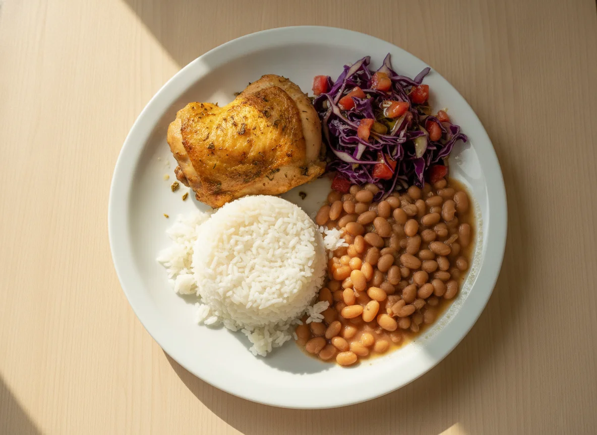 Prato feito brasileiro com frango assado, arroz, feijão e salada de repolho roxo photo