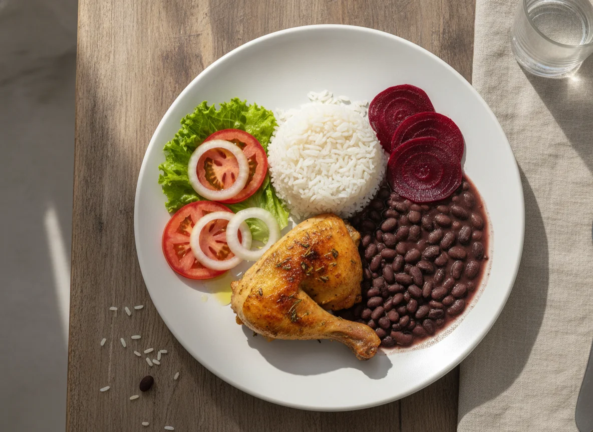Prato feito brasileiro com frango assado, arroz, feijão e beterraba photo
