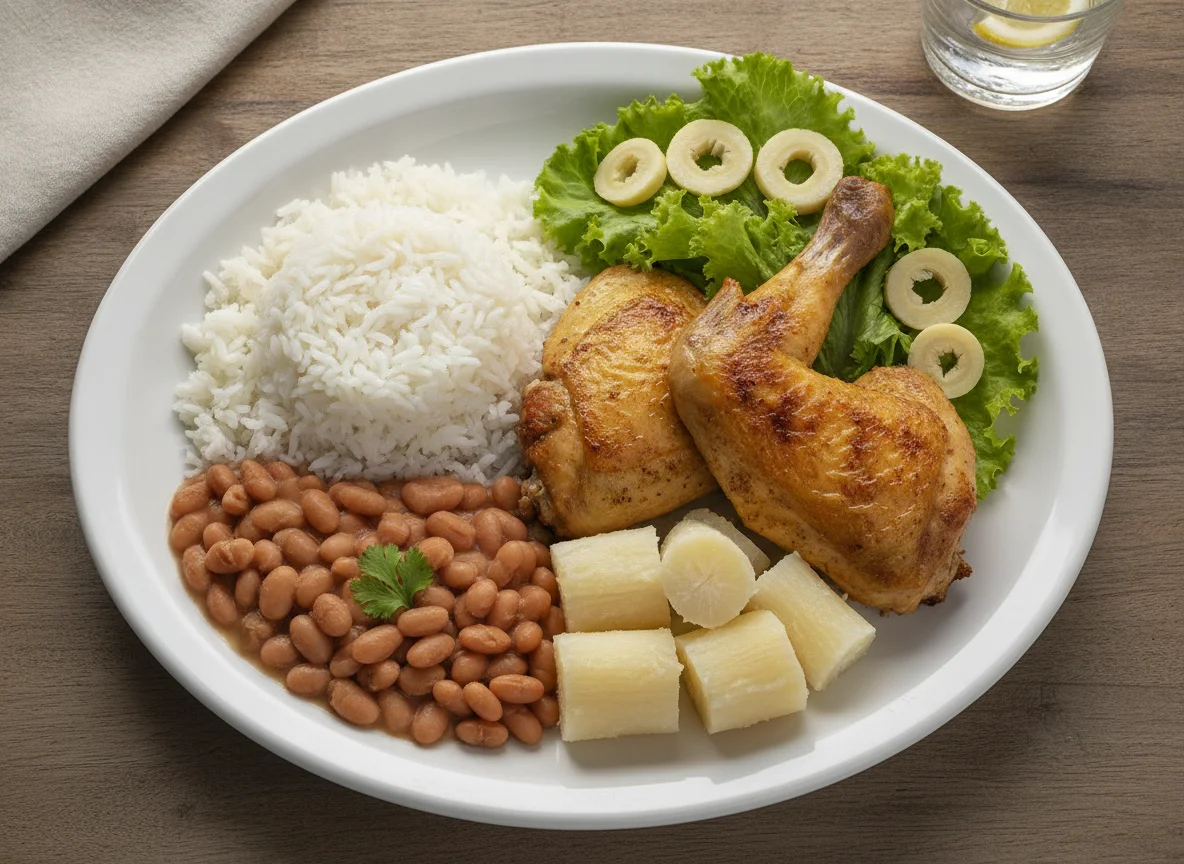 Prato feito brasileiro com frango assado, arroz, feijão, mandioca e salada photo