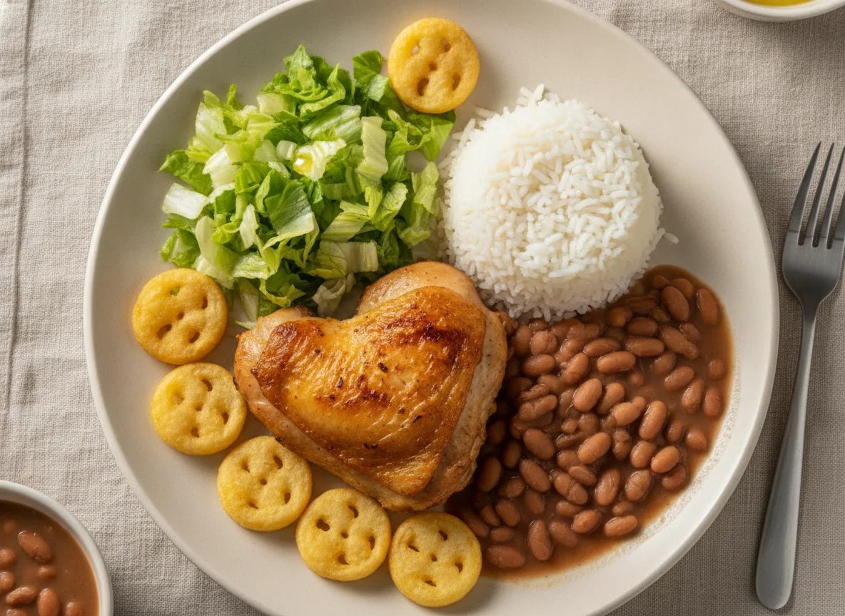 Prato feito brasileiro com frango assado, arroz, feijão, salada e batata smile photo