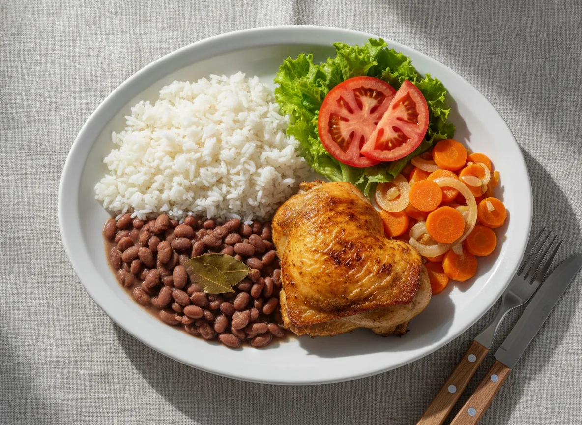 Prato feito brasileiro com frango assado, arroz, feijão, cenoura e salada photo