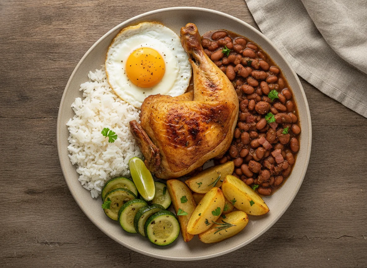 Prato Feito Brasileiro com Frango Assado, Arroz, Feijão e Legumes photo