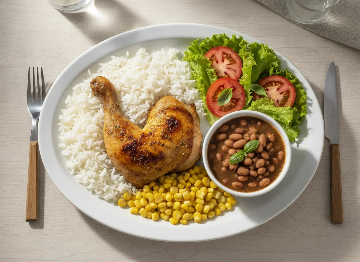 Prato feito brasileiro com frango assado, arroz, feijão, milho e salada photo