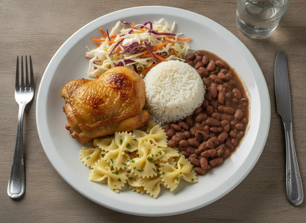 Prato Feito Brasileiro com Frango Assado, Arroz, Feijão, Macarrão e Salada photo