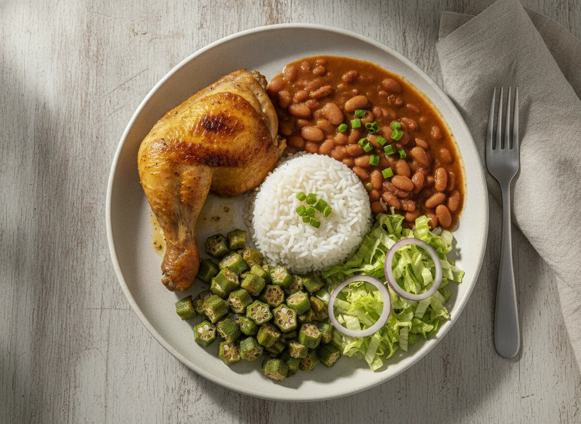 Prato Feito Brasileiro com Frango Assado, Arroz, Feijão, Quiabo e Salada photo