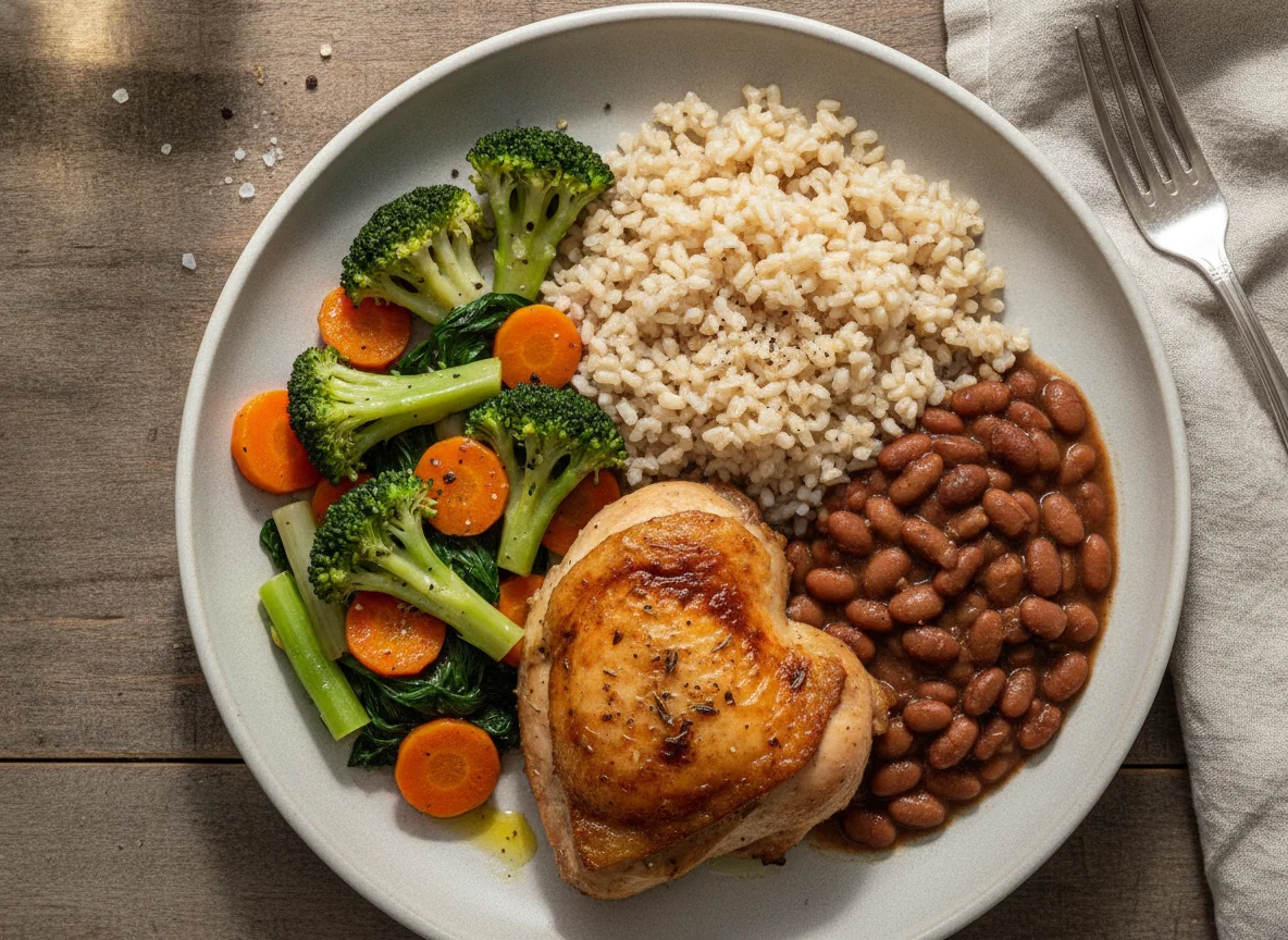 Prato feito brasileiro com frango assado, arroz integral, feijão e legumes photo