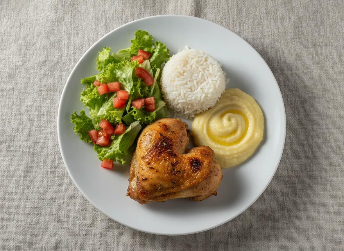 Prato feito brasileiro com frango assado, arroz, purê e salada photo