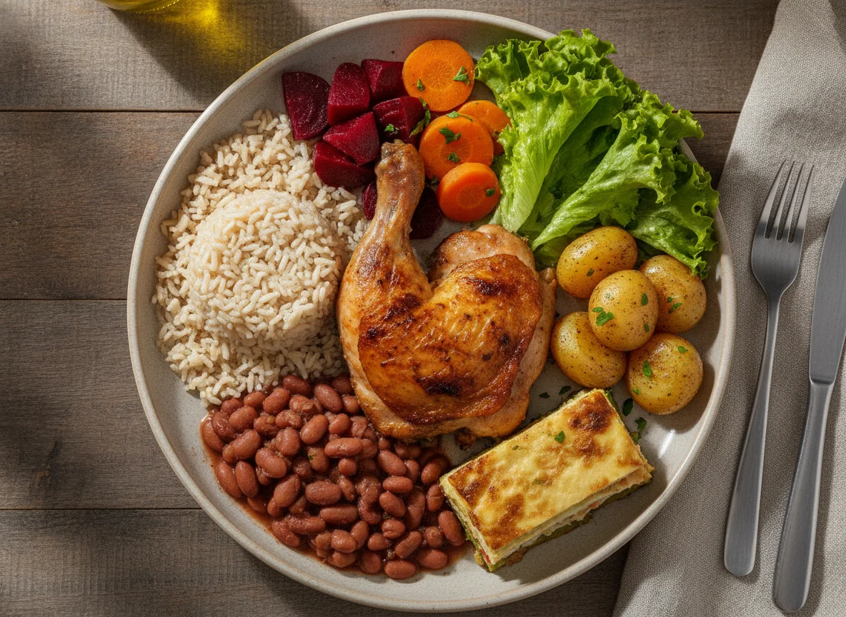 Prato Feito Brasileiro com Frango Assado e Legumes photo