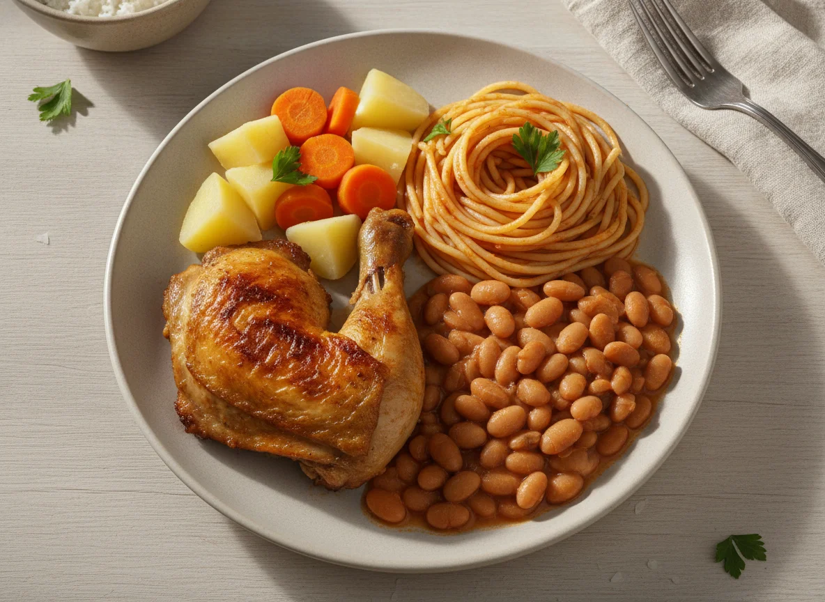 Prato feito brasileiro com frango assado, espaguete e feijão photo