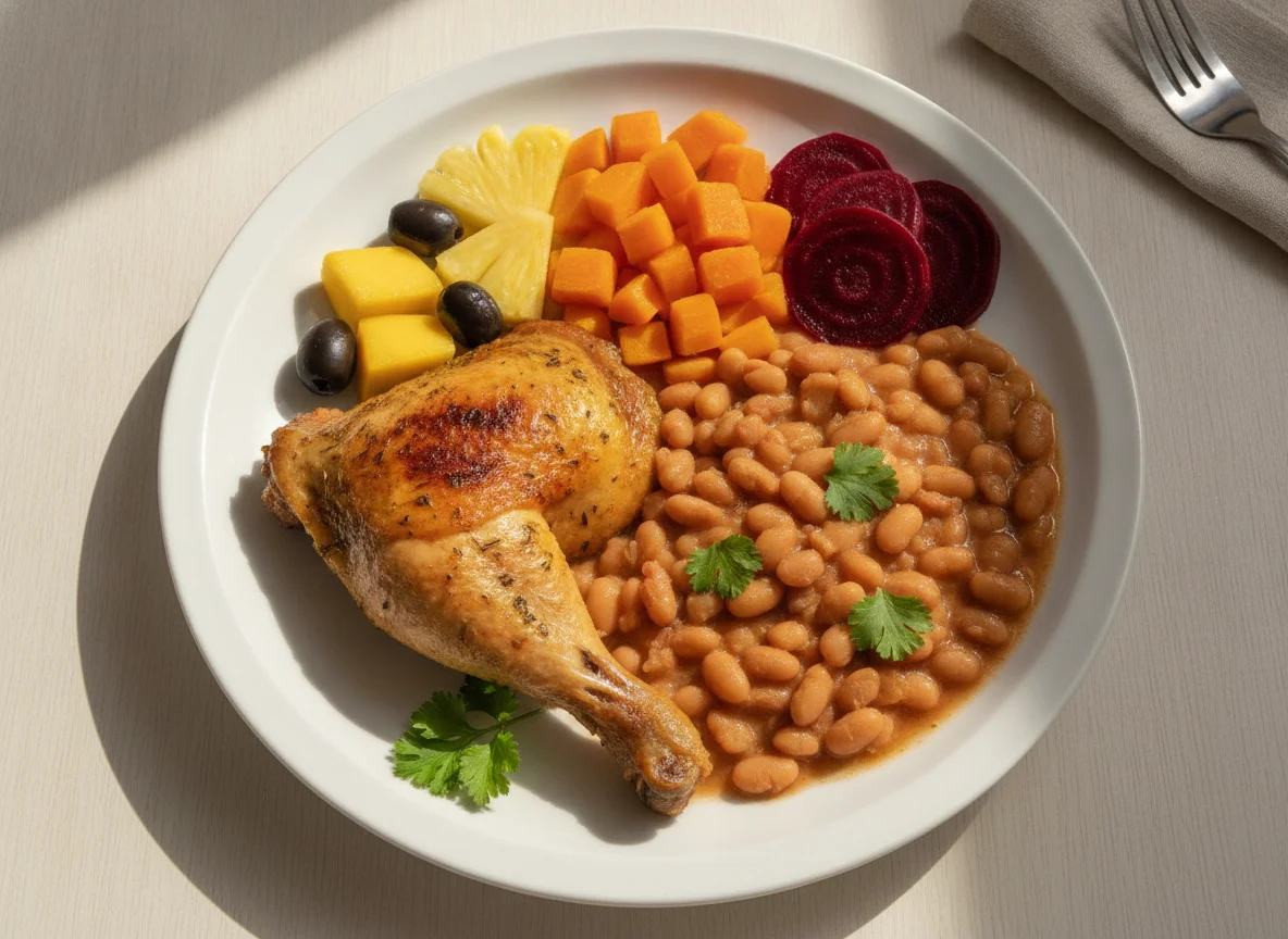 Prato feito brasileiro com frango assado, feijão e legumes photo