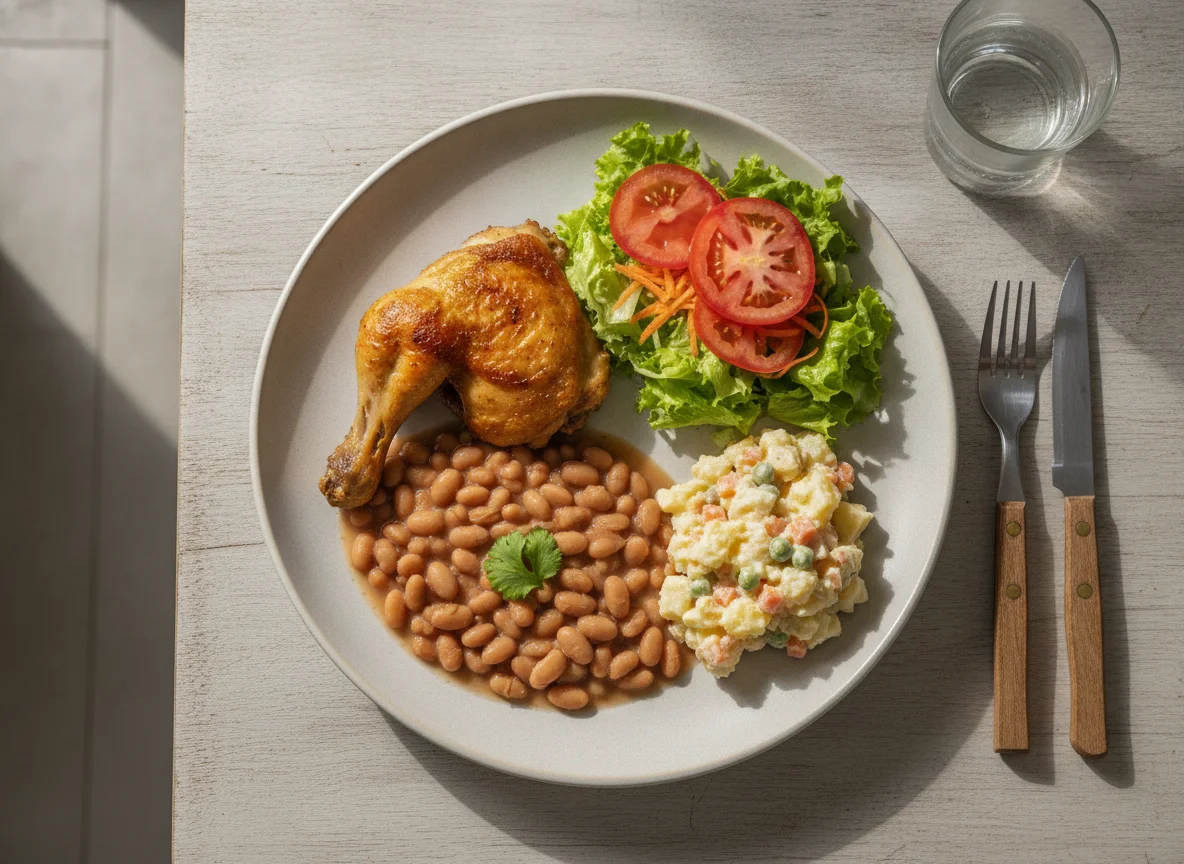 Prato feito brasileiro com frango assado, feijão, maionese de batata e salada photo