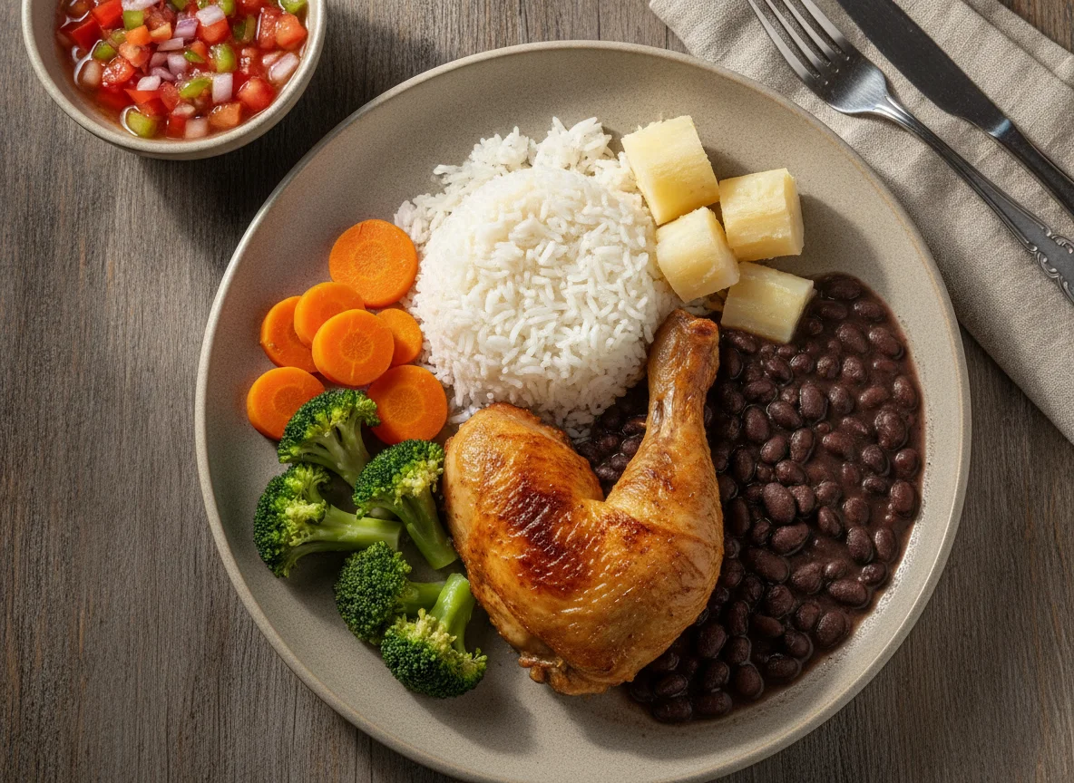 Prato Feito Brasileiro com Frango Assado, Feijão Preto e Mandioca photo