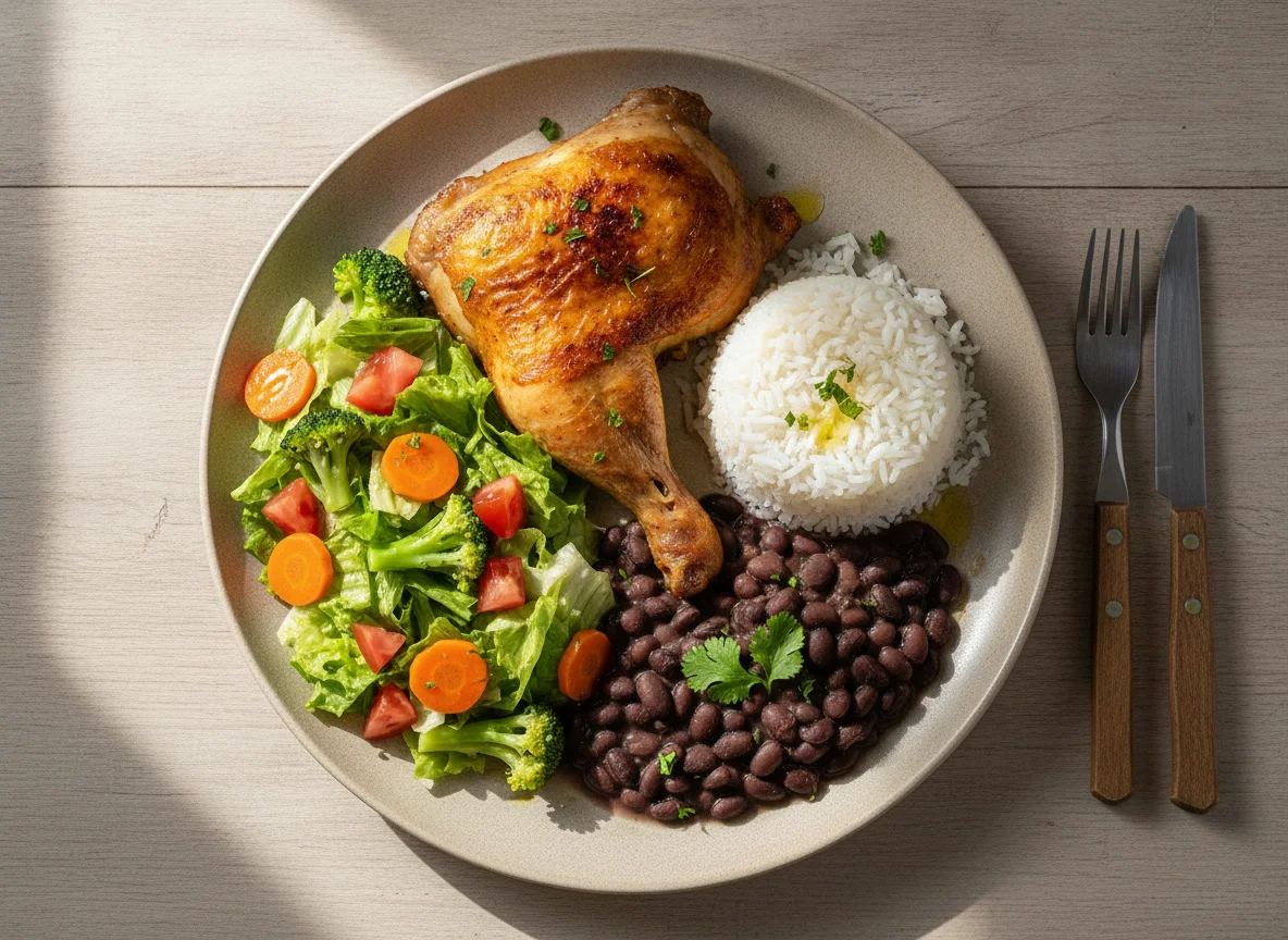Prato Feito Brasileiro com Frango Assado, Feijão Preto e Salada photo