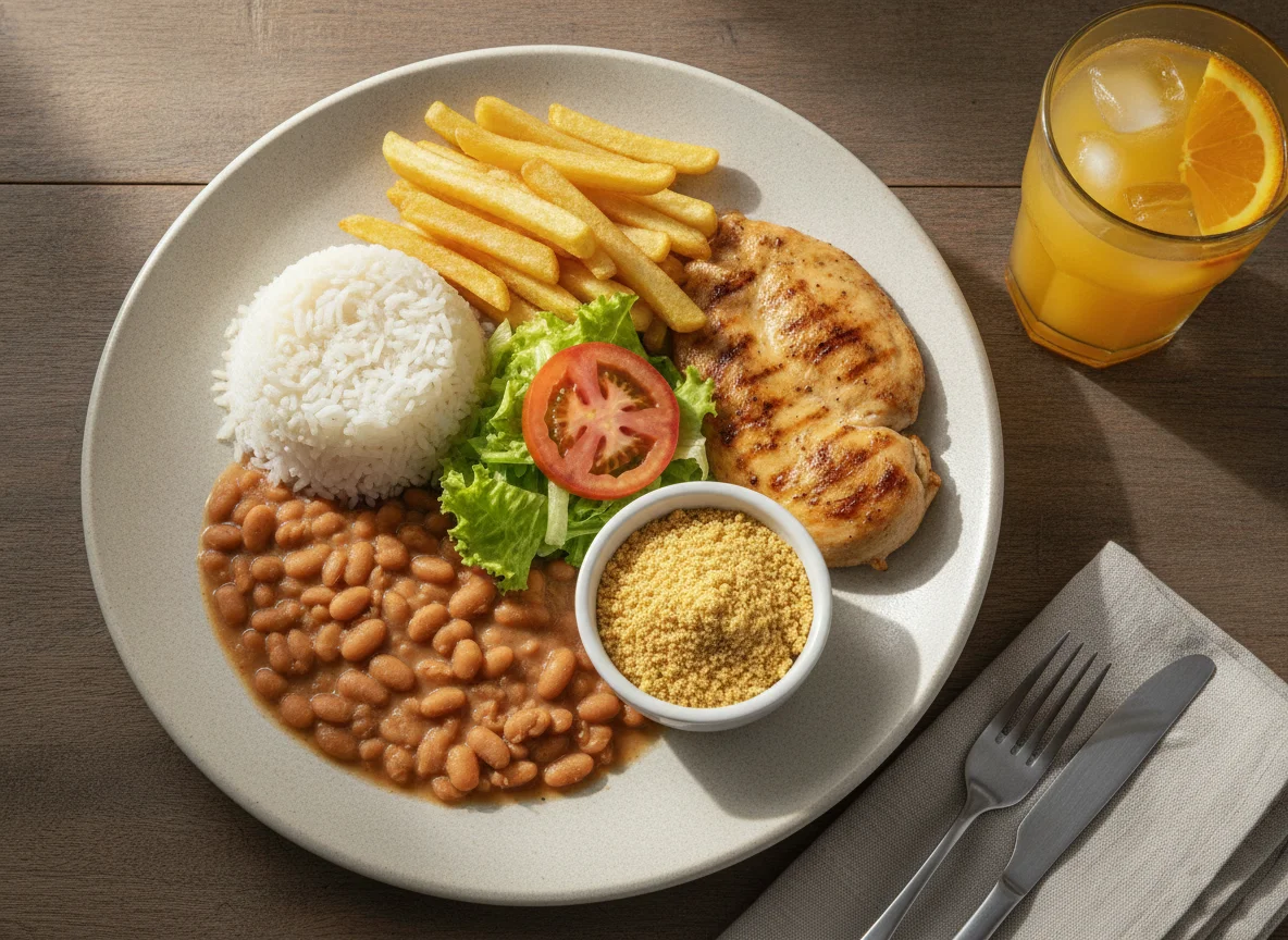 Prato Feito Brasileiro com Frango, Batata, Arroz, Feijão e Farofa photo