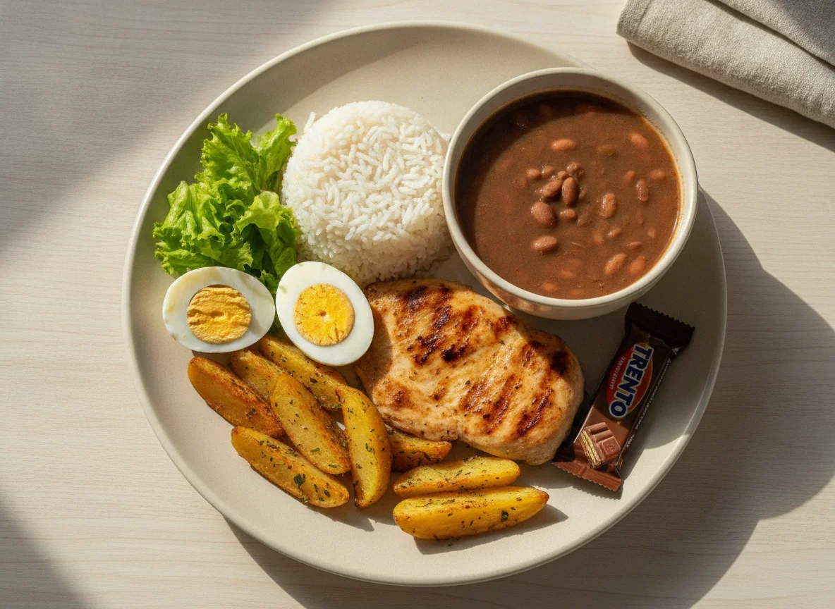 Prato feito brasileiro com frango, batata, ovo e chocolate photo