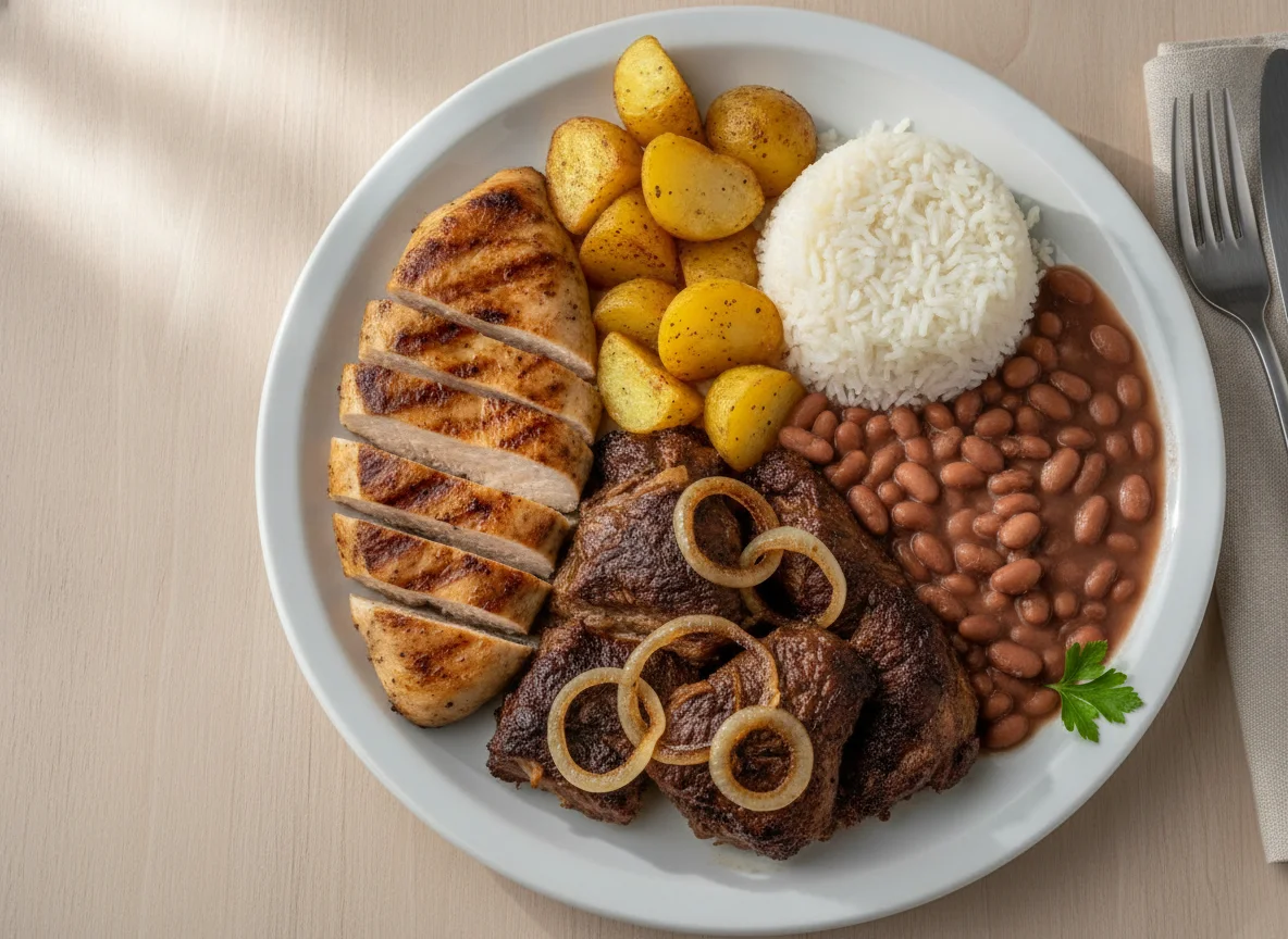 Prato Feito Brasileiro com Frango, Carne Assada e Batatas photo