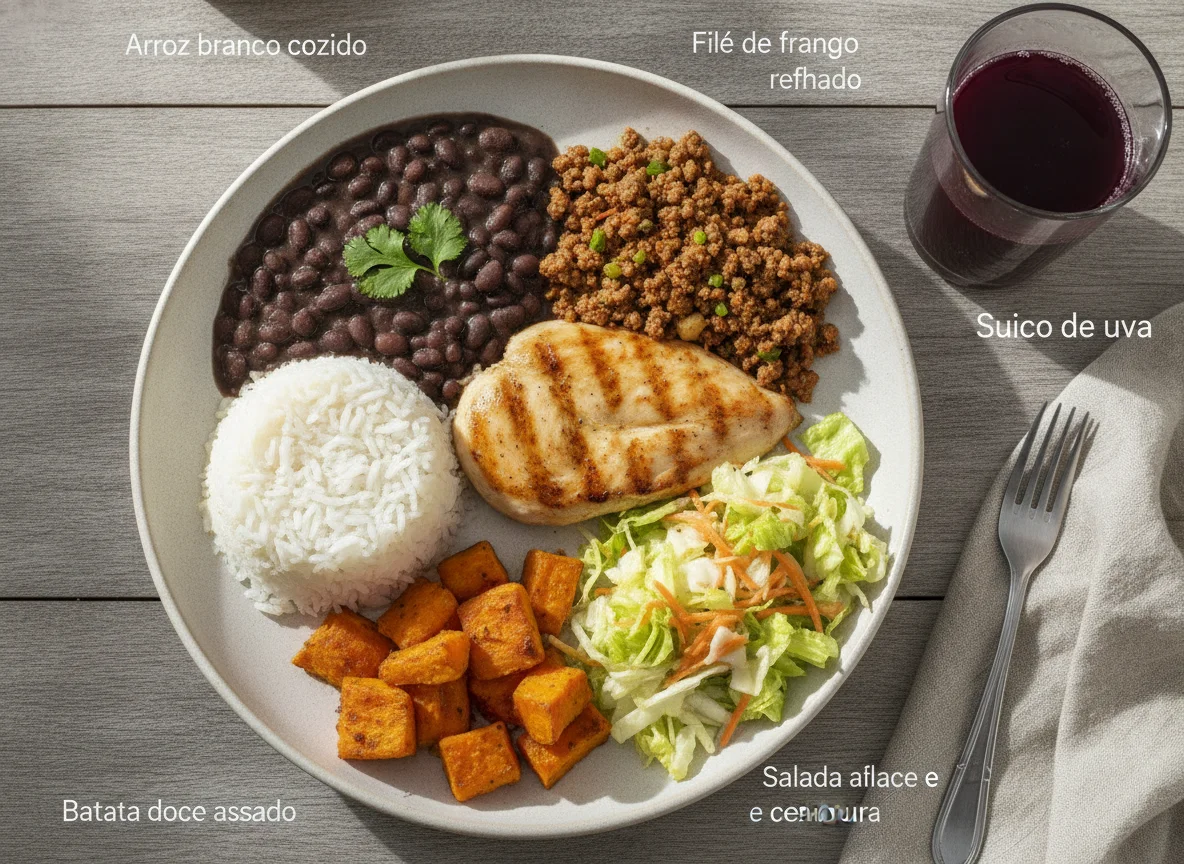Prato Feito Brasileiro com Frango, Carne e Acompanhamentos photo
