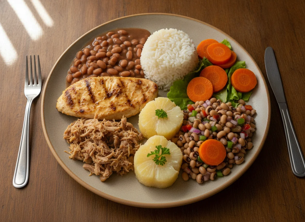Prato Feito Brasileiro com Frango, Carne e Salada photo