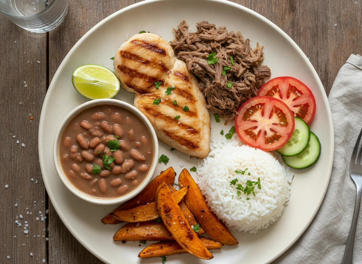 Prato Feito Brasileiro com Frango, Carne, Feijão e Batata Doce photo