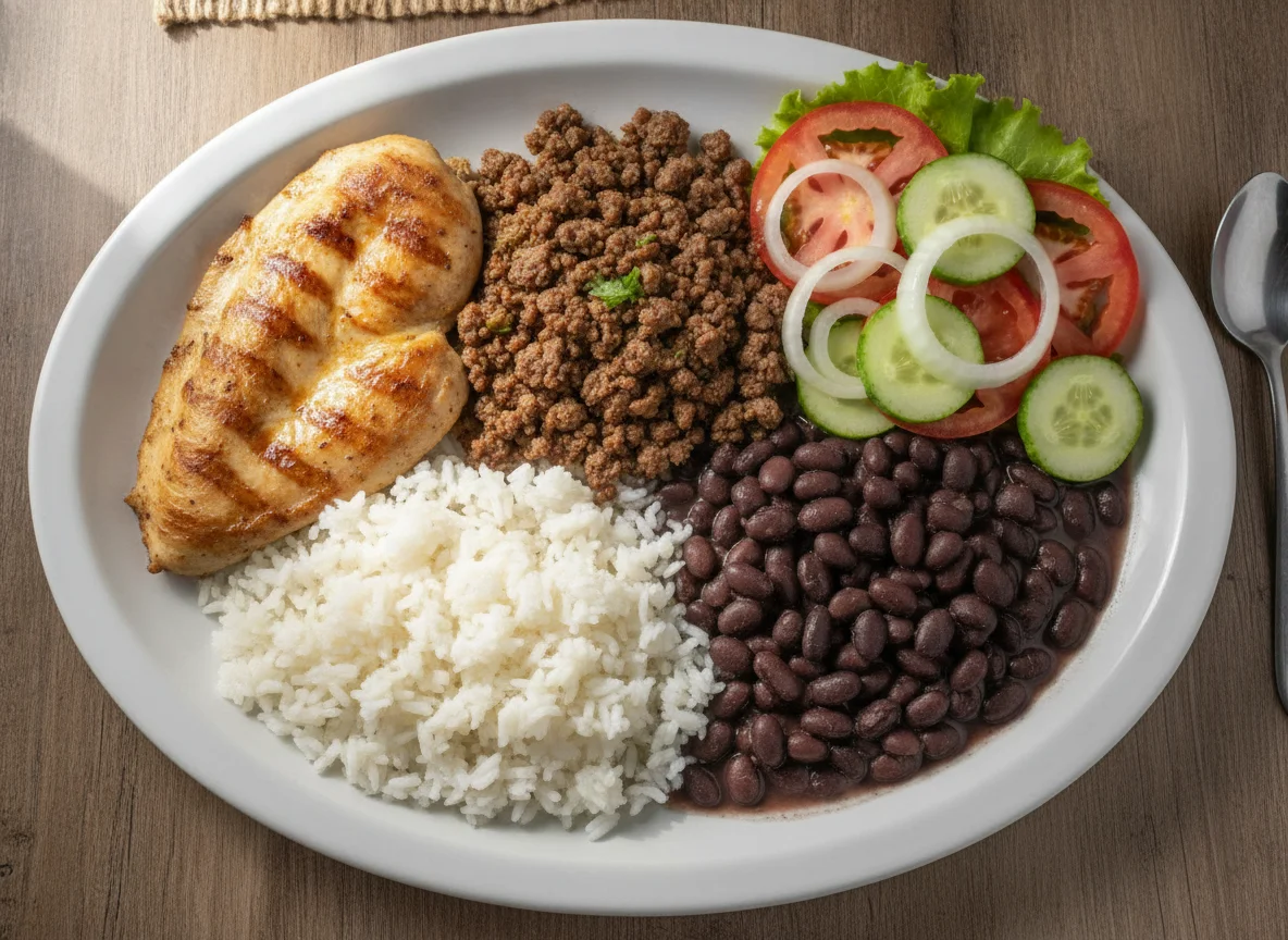 Prato feito brasileiro com frango, carne moída, arroz, feijão e salada photo