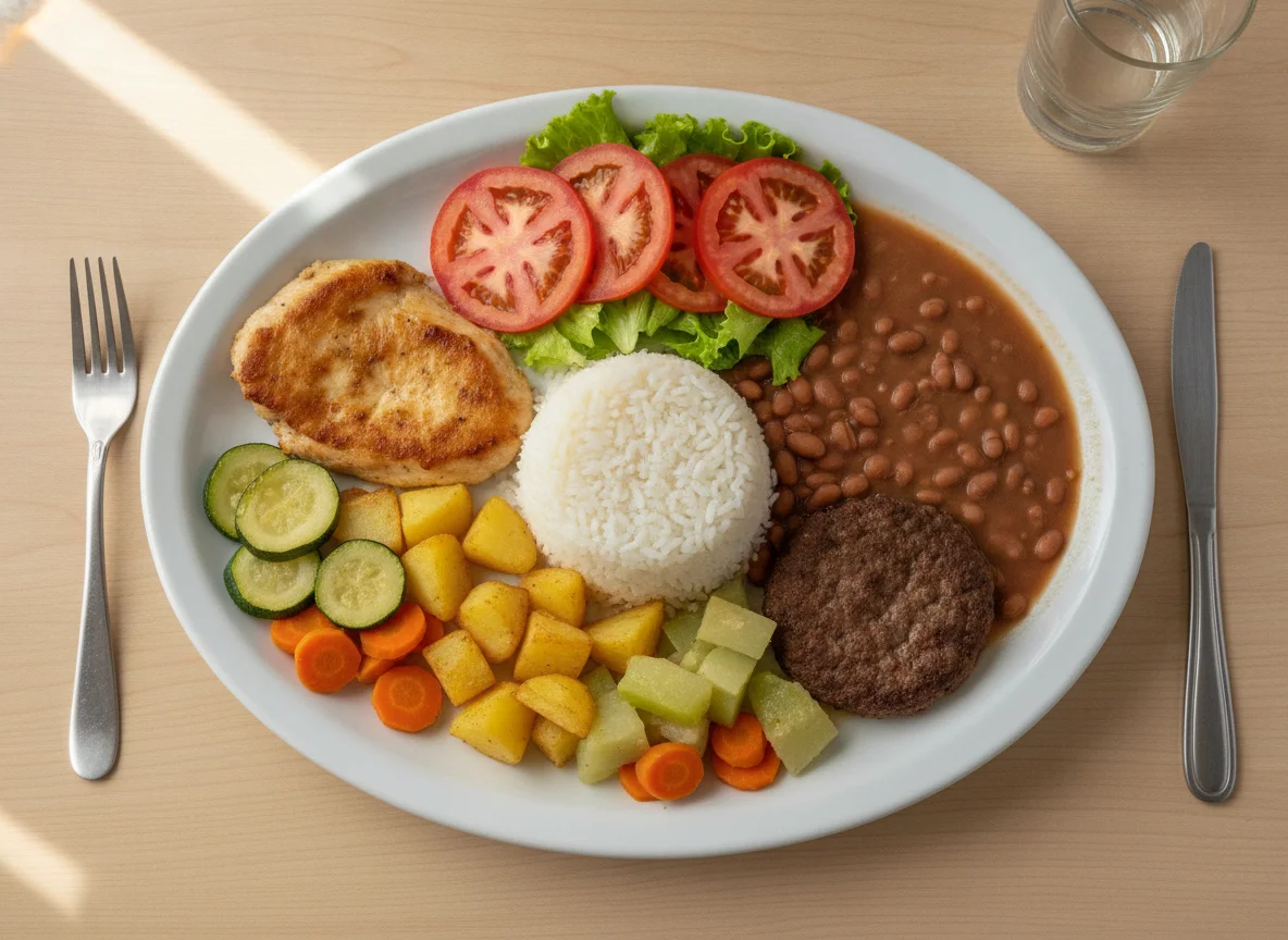 Prato Feito Brasileiro com Frango, Carne Moída, Arroz, Feijão e Legumes photo
