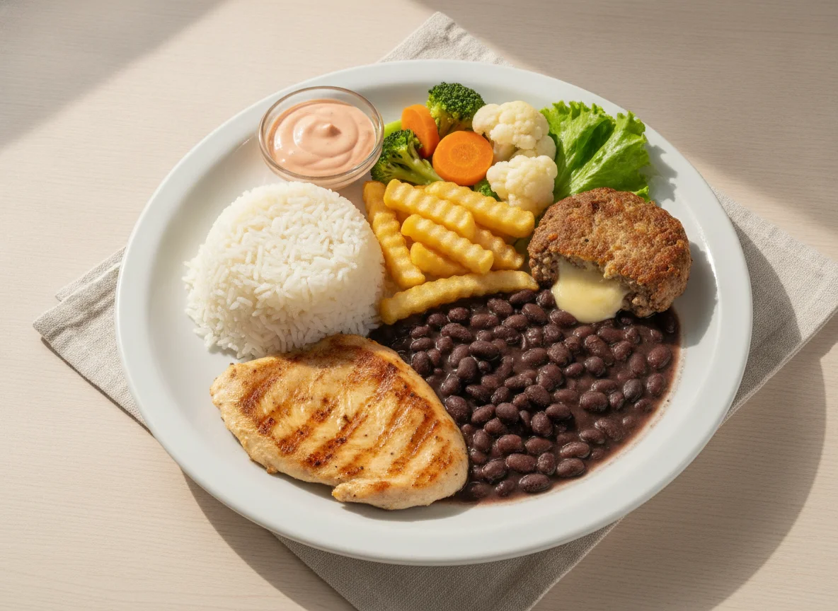 Prato Feito Brasileiro com Frango, Carne Moída e Vegetais photo
