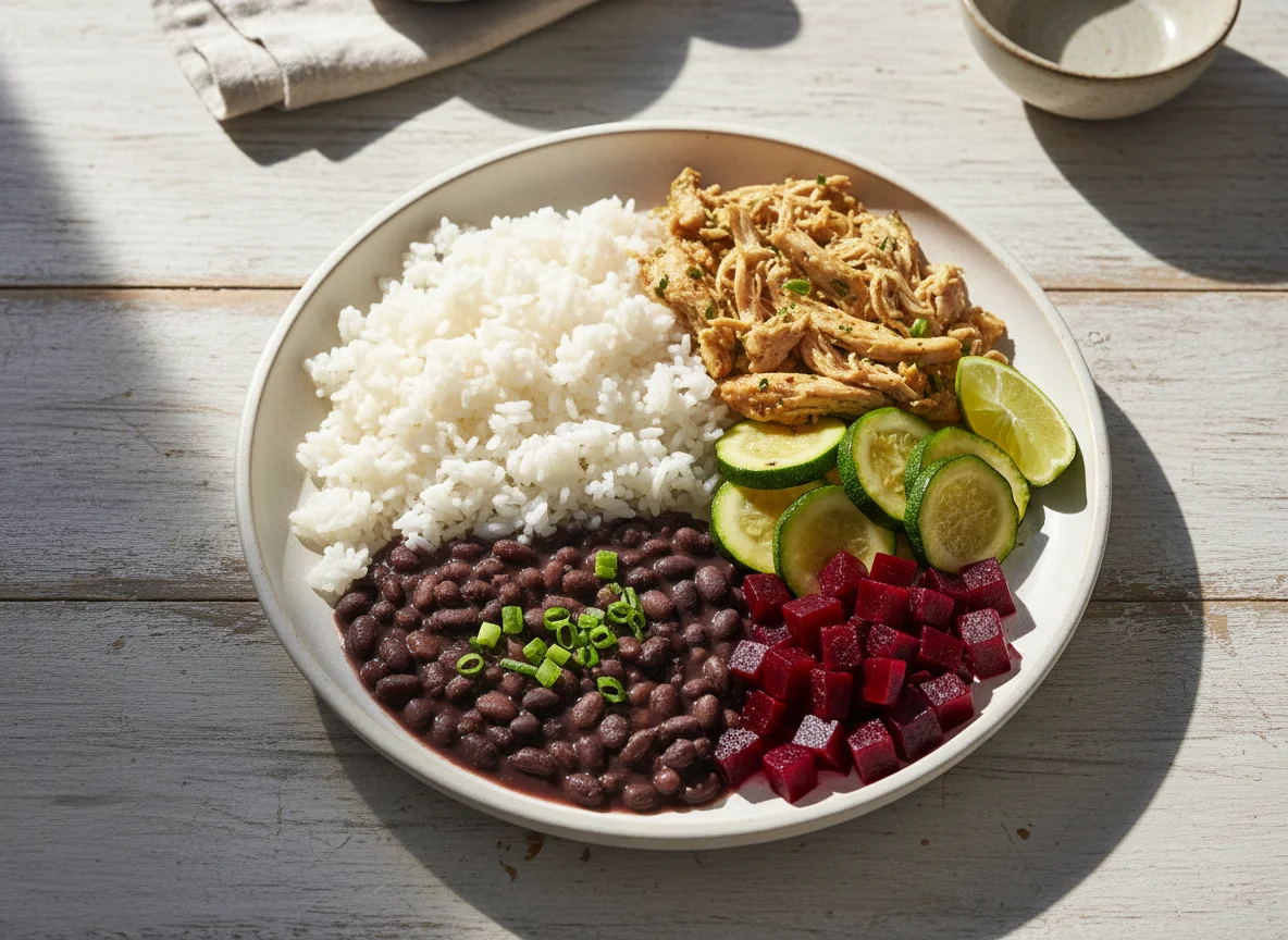 Prato feito brasileiro com frango desfiado photo