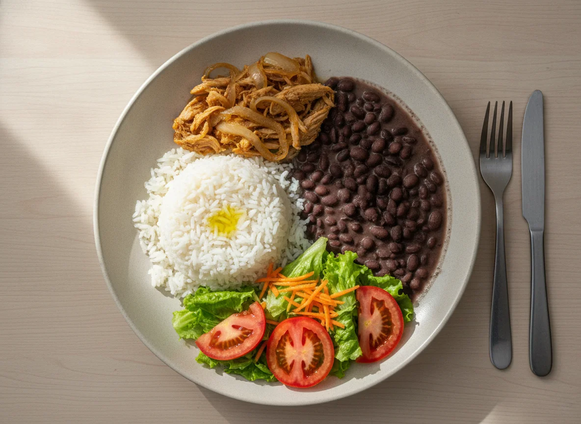 Prato feito brasileiro com frango desfiado, arroz, feijão e salada photo