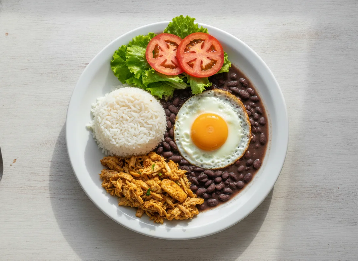 Prato feito brasileiro com frango desfiado, arroz, feijão e ovo photo