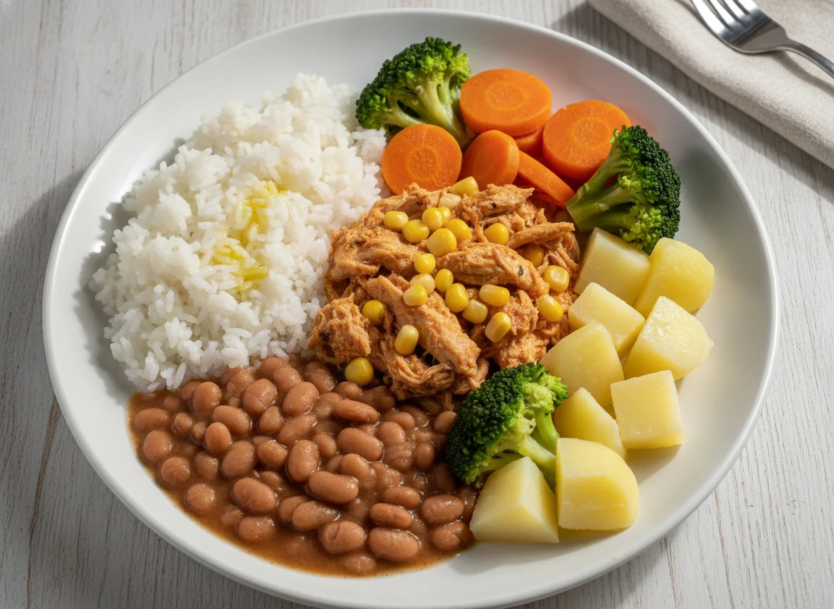 Prato feito brasileiro com frango desfiado, arroz, feijão e legumes photo