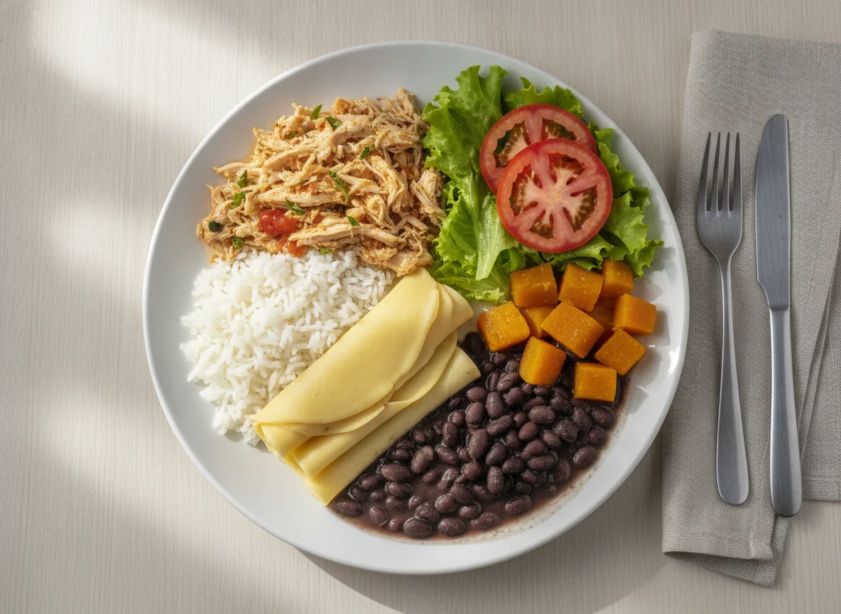 Prato feito brasileiro com frango desfiado, arroz, feijão, abóbora e salada photo