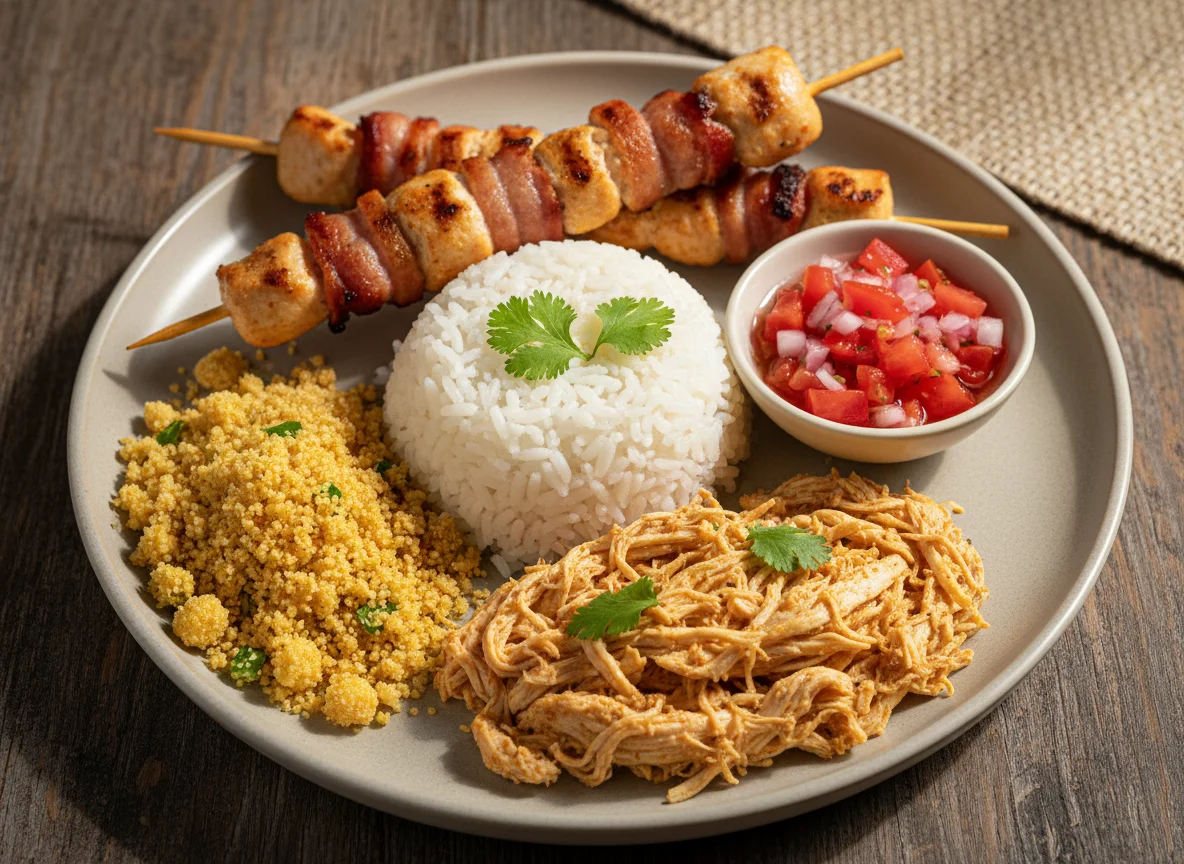 Prato feito brasileiro com frango desfiado e espetinhos de frango com bacon photo