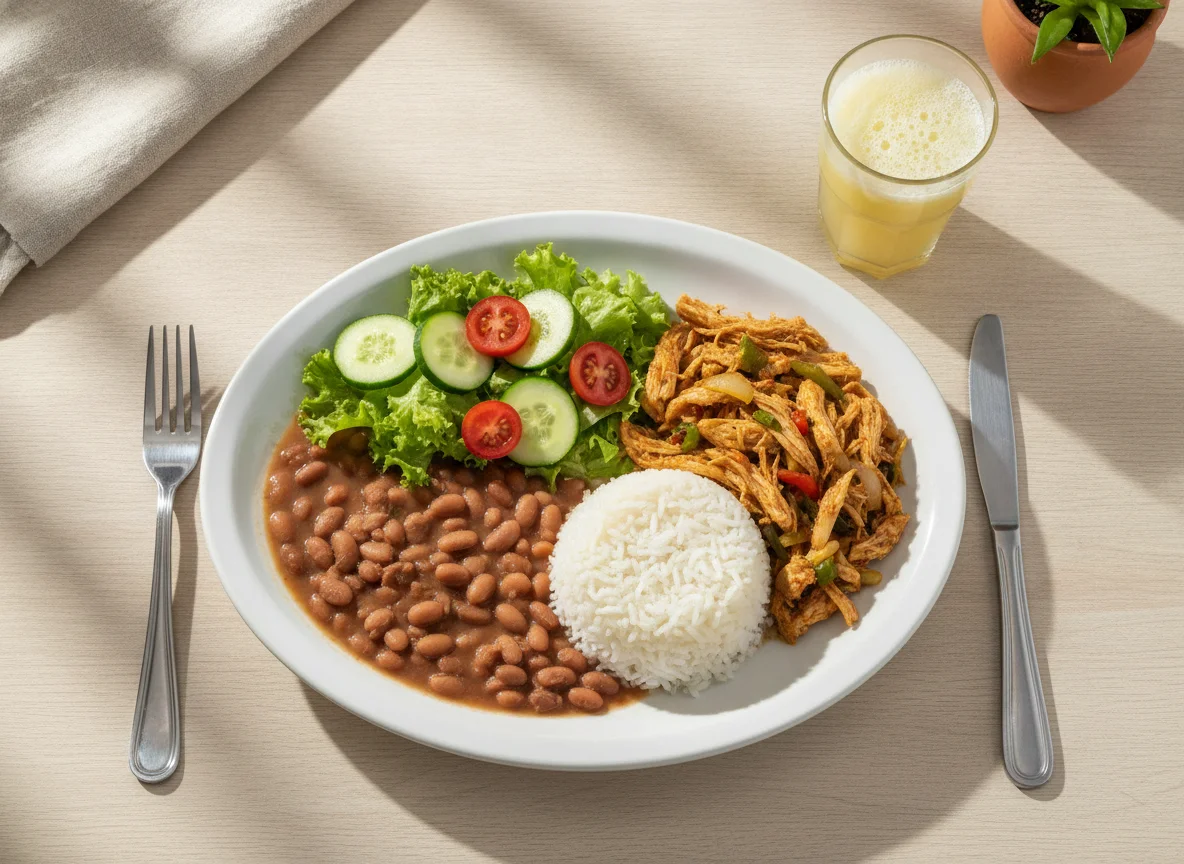 Prato feito brasileiro com frango desfiado, feijão, arroz e salada photo
