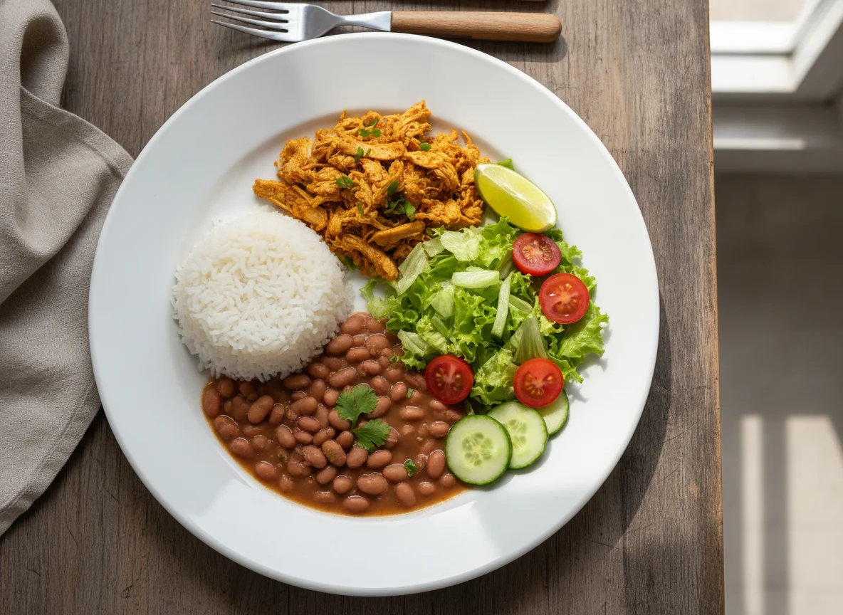 Prato feito brasileiro com frango desfiado, feijão e salada photo