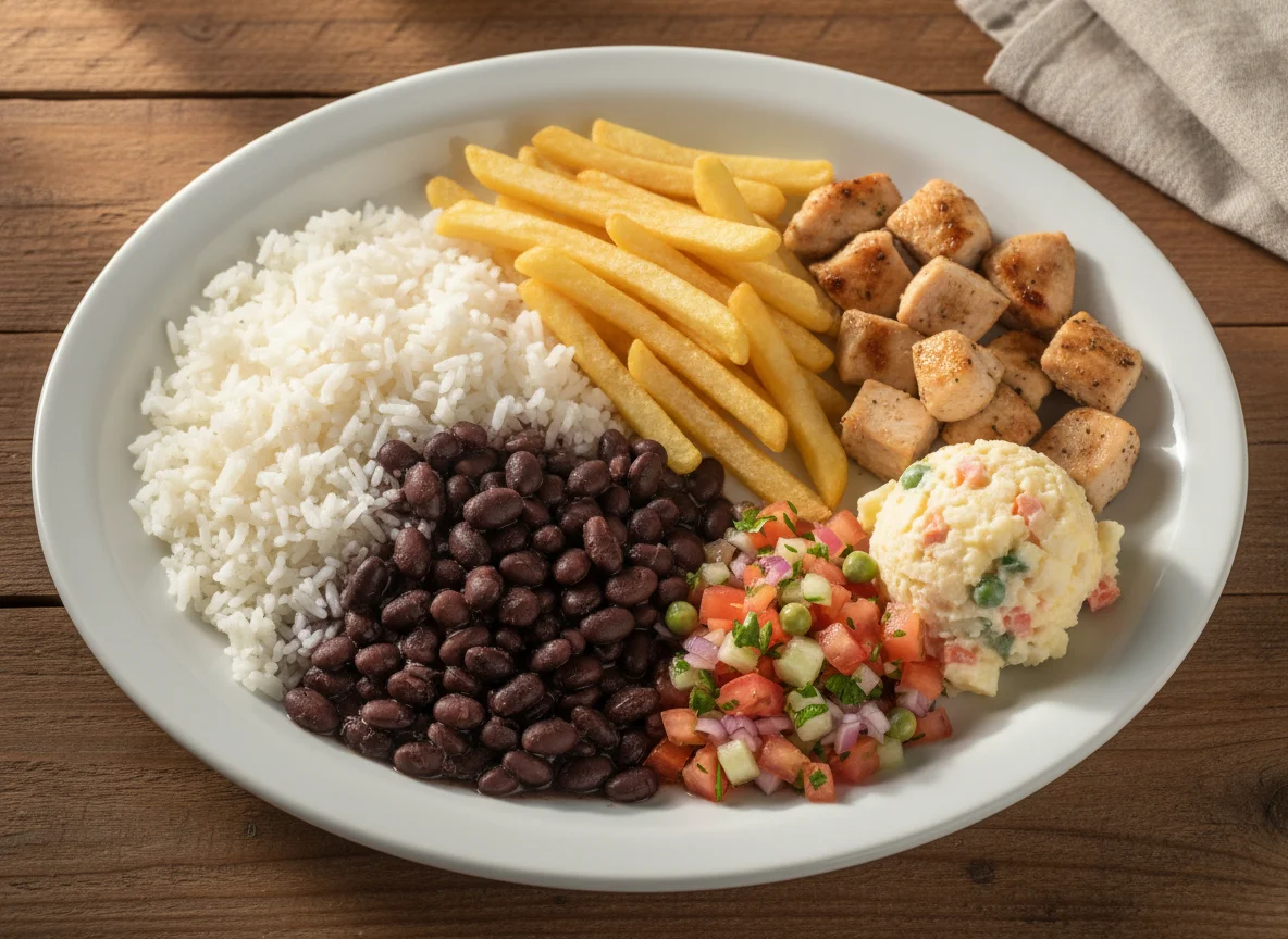 Prato feito brasileiro com frango e acompanhamentos photo