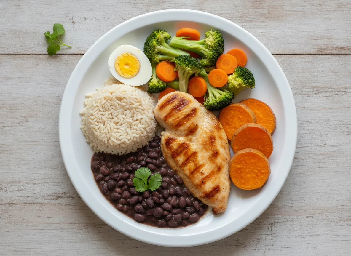 Prato Feito Brasileiro com Frango e Batata Doce photo