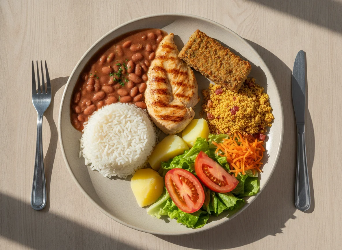 Prato Feito Brasileiro com Frango e Bolo de Carne photo