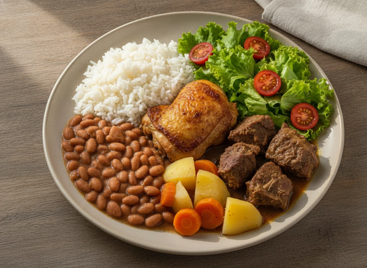 Prato Feito Brasileiro com Frango e Carne de Panela photo