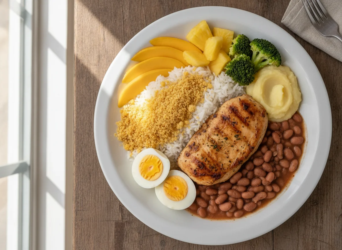Prato Feito Brasileiro com Frango e Frutas photo