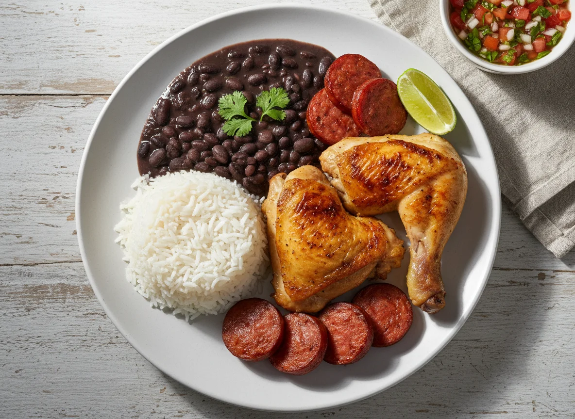 Prato feito brasileiro com frango e linguiça photo