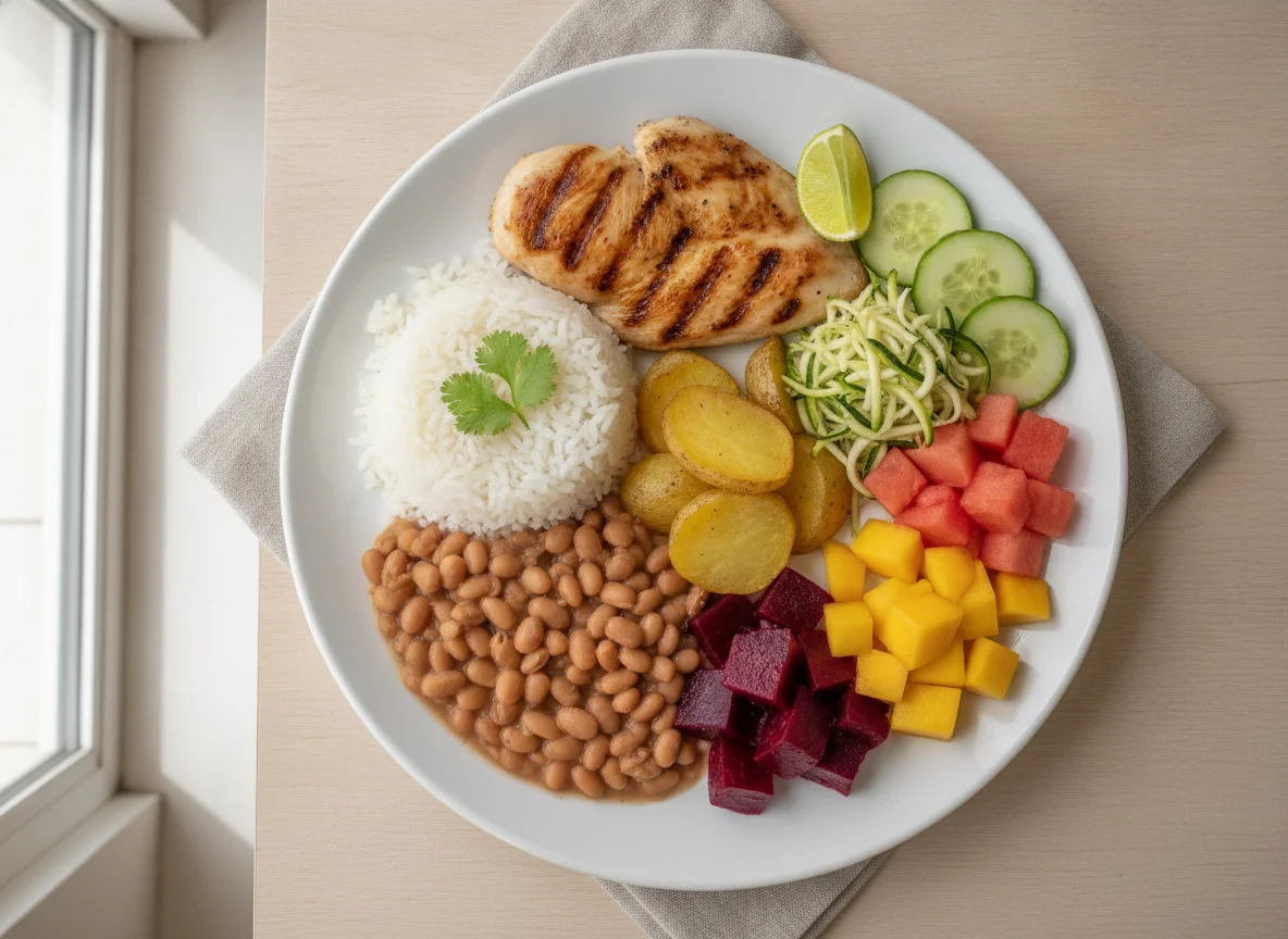 Prato Feito Brasileiro com Frango e Saladas photo