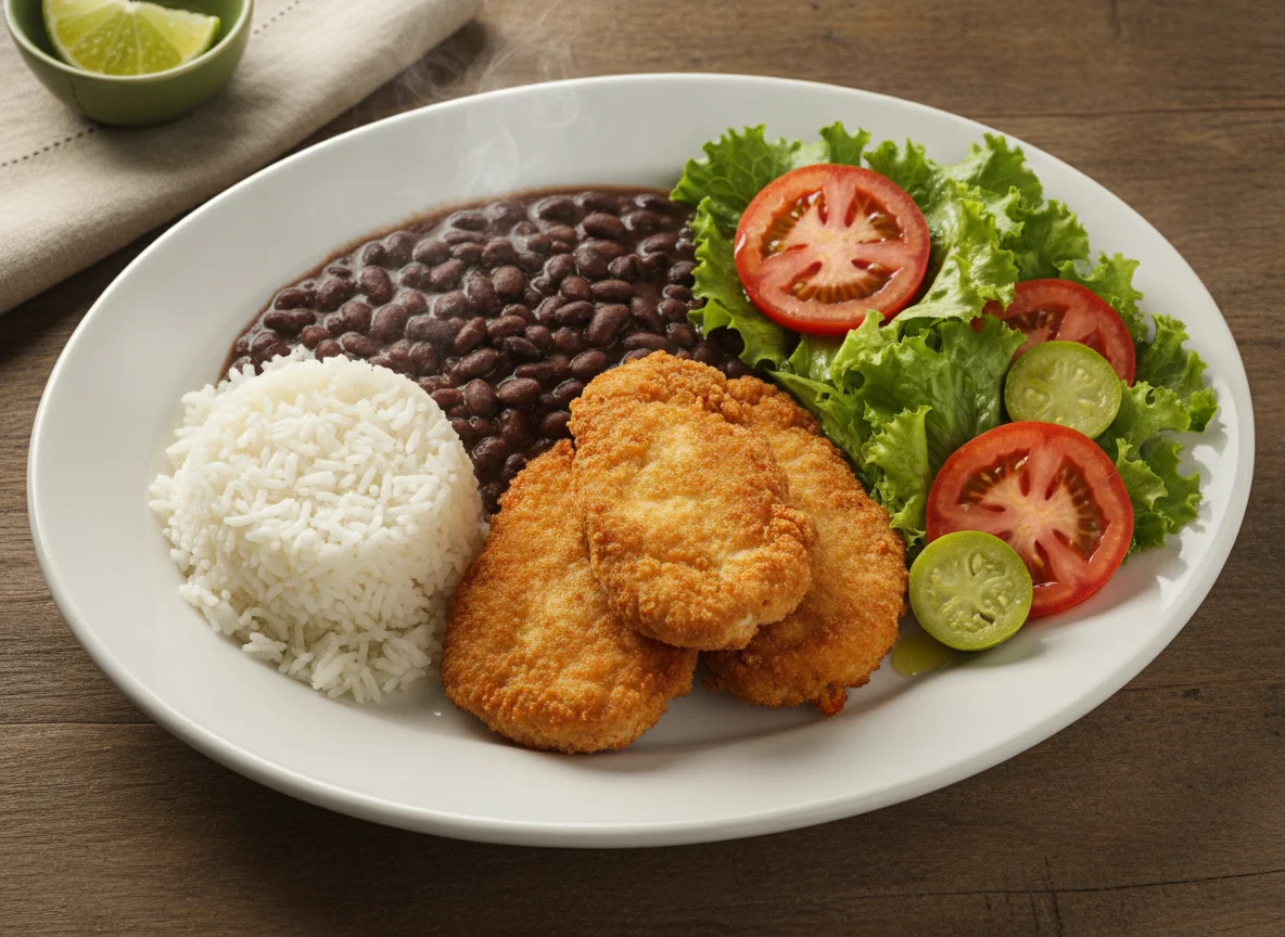 Prato feito brasileiro com frango empanado, arroz, feijão e salada photo