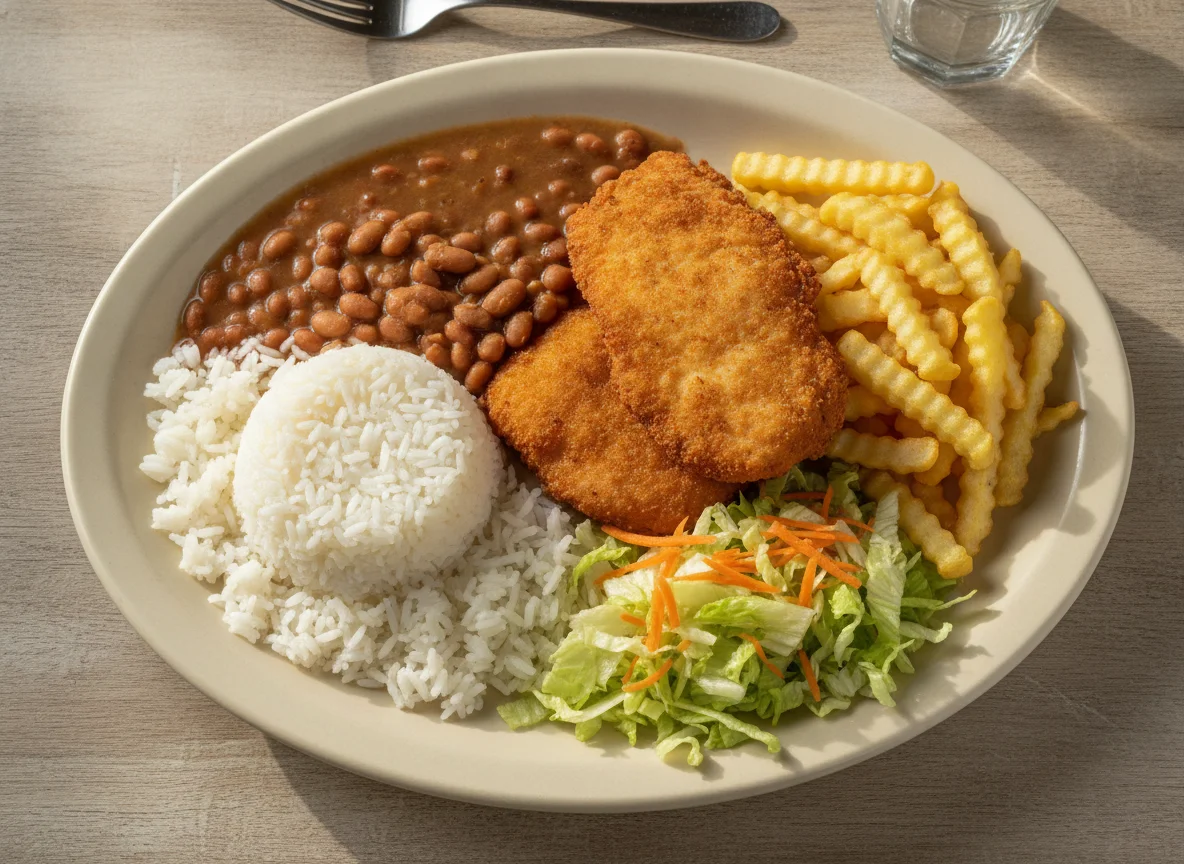 Prato feito brasileiro com frango empanado, arroz, feijão, salada e batata frita photo