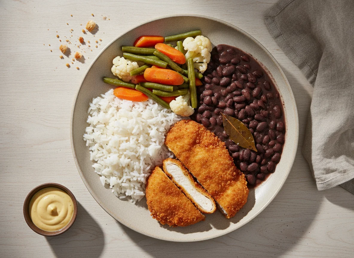 Prato feito brasileiro com frango empanado, arroz, feijão e legumes photo