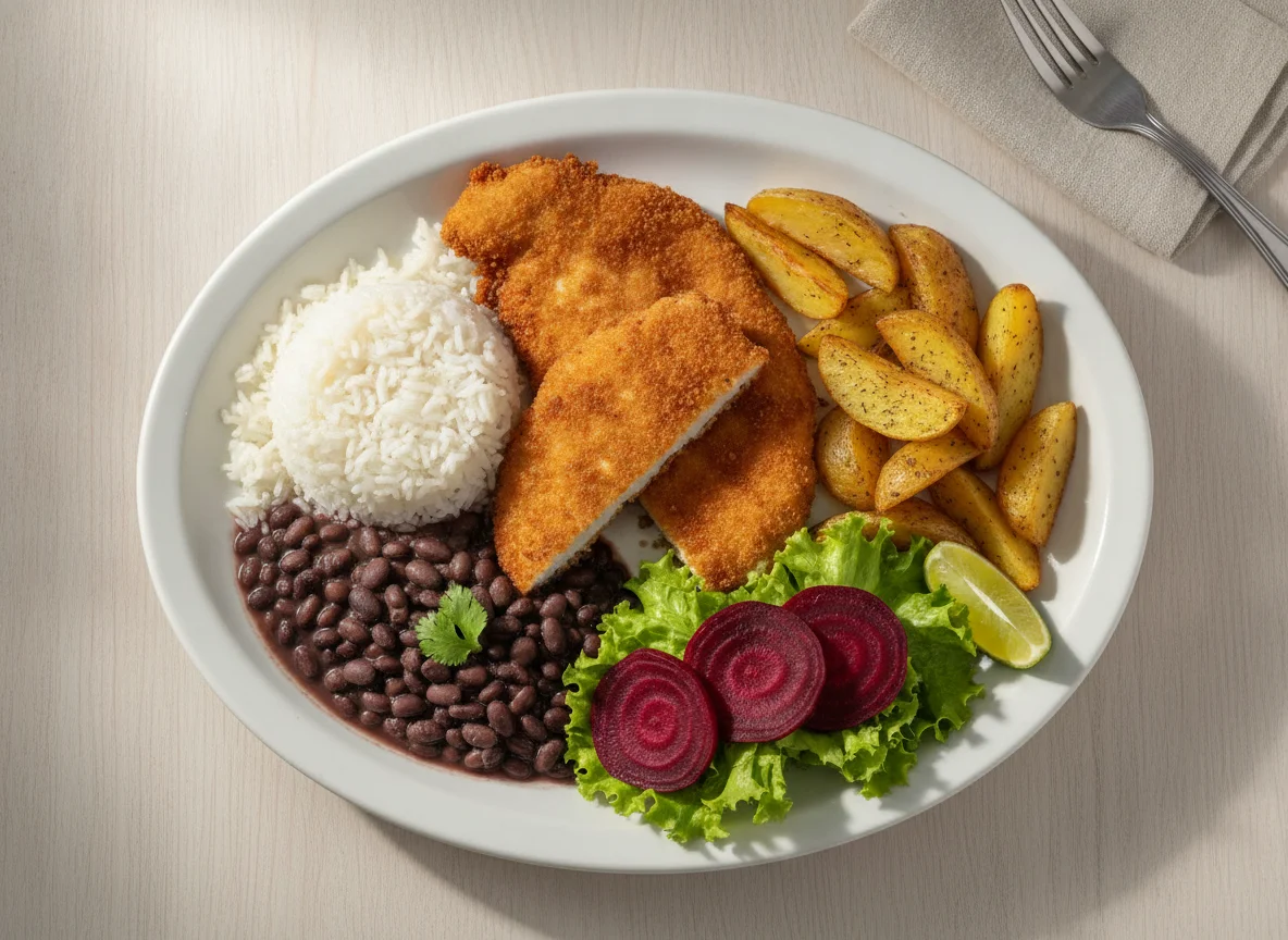 Prato Feito Brasileiro com Frango Empanado e Batatas photo