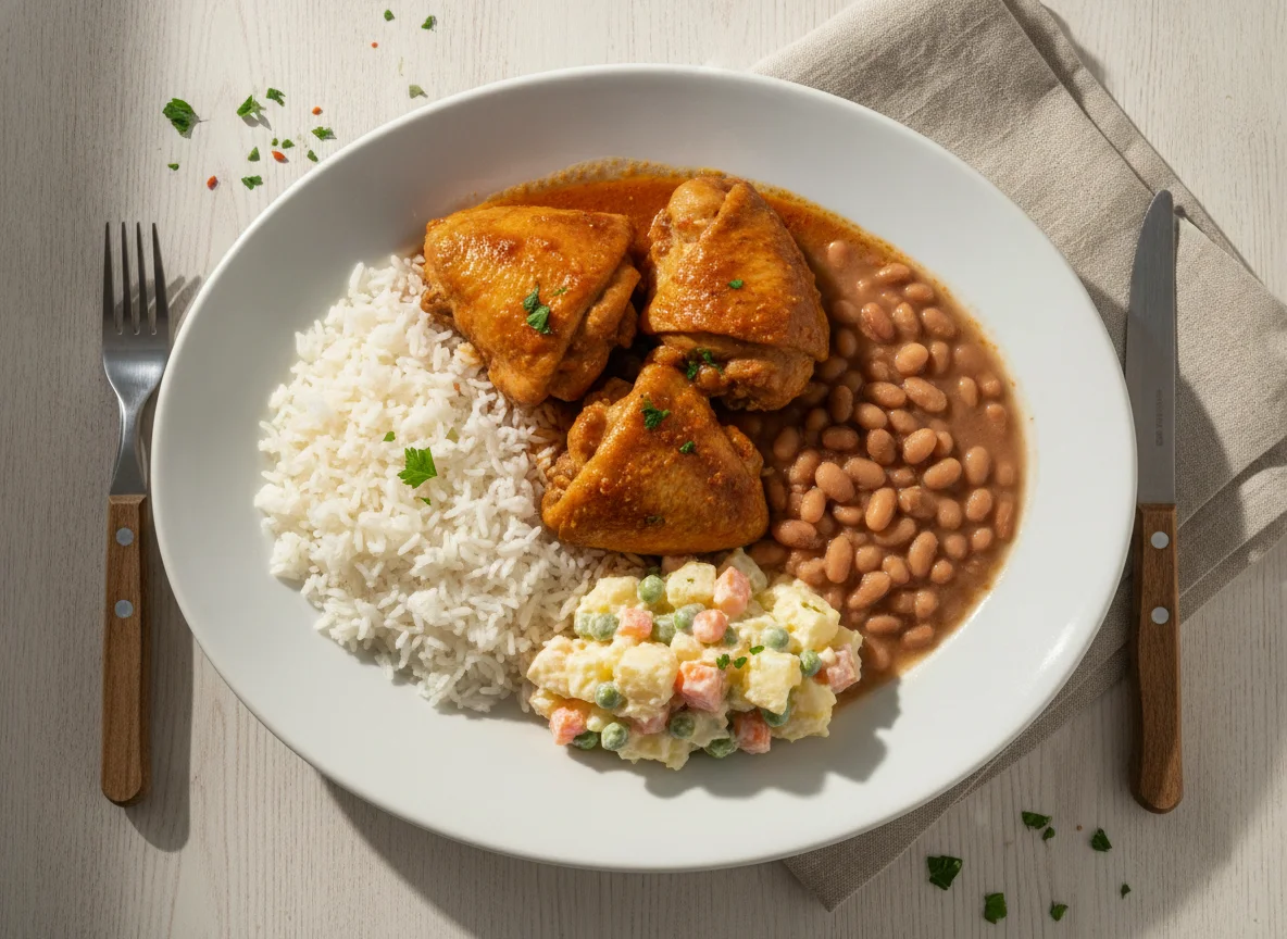 Prato feito brasileiro com frango ensopado, arroz, feijão e salada de maionese photo