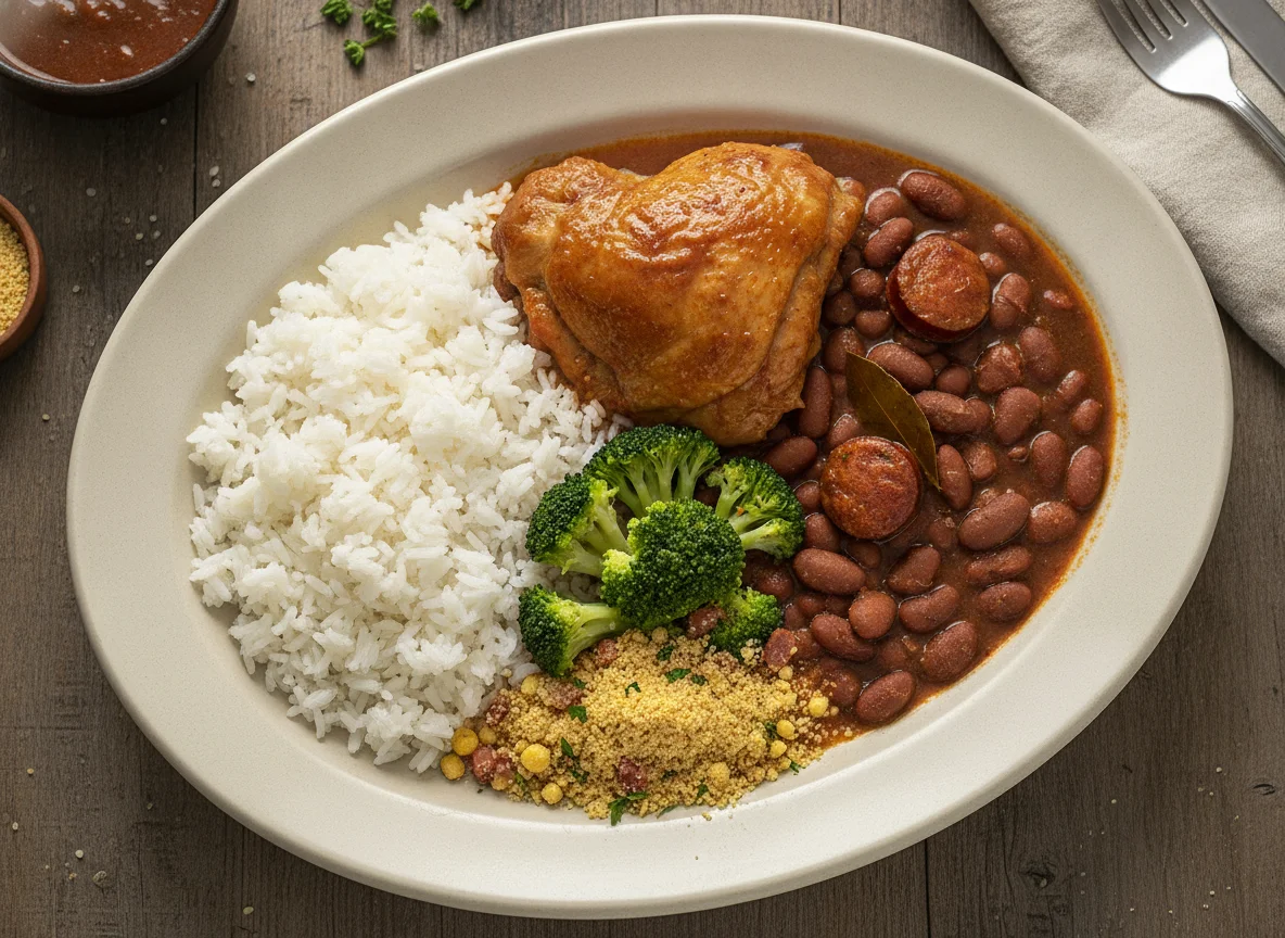 Prato feito brasileiro com frango ensopado, arroz, feijão, brócolis e farofa photo