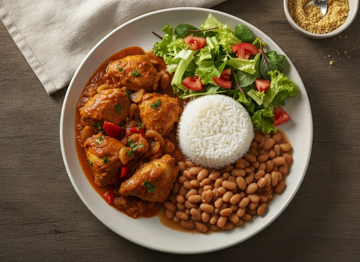Prato feito brasileiro com frango ensopado, arroz, feijão e salada photo