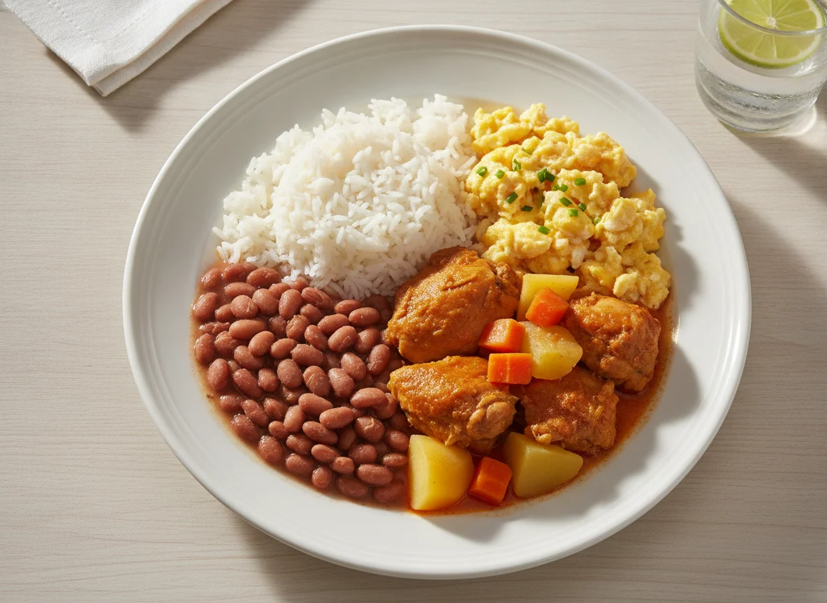 Prato feito brasileiro com frango ensopado, arroz, feijão e ovos photo