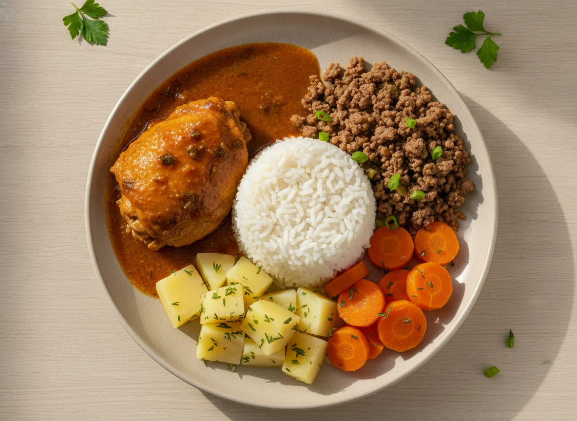 Prato feito brasileiro com frango ensopado, carne moída, arroz, batata e cenoura photo